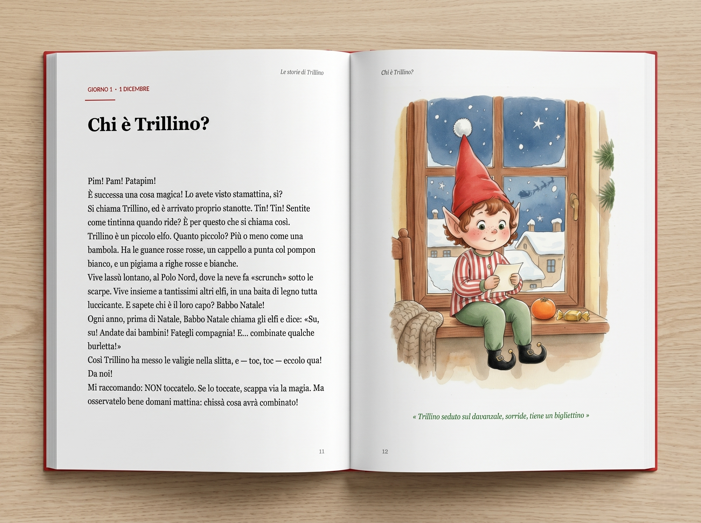 Spread interno del libro: illustrazione dell'elfo Trillino seduto su un davanzale al chiaro di luna